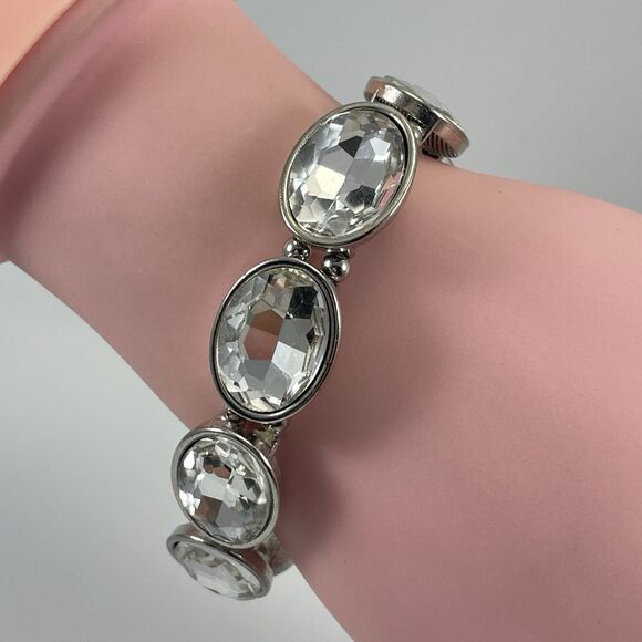 Silver Tone Glass Rhinestone Boho Statement Stretch Bracelet Chunky Fun Funky - Picture 1 of 7